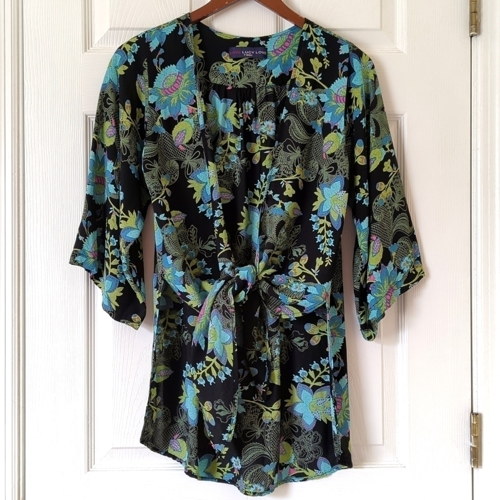 Love Lucy Love The Weekender Floral Tie Front Quarter Sleeve Kimono Cardigan XS